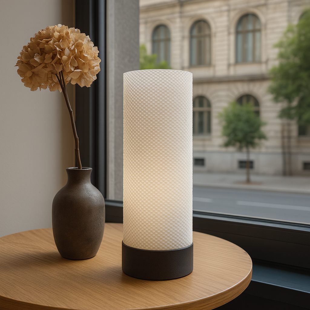 Lamp with textured design on a wooden table near a window with a view of a building and trees.