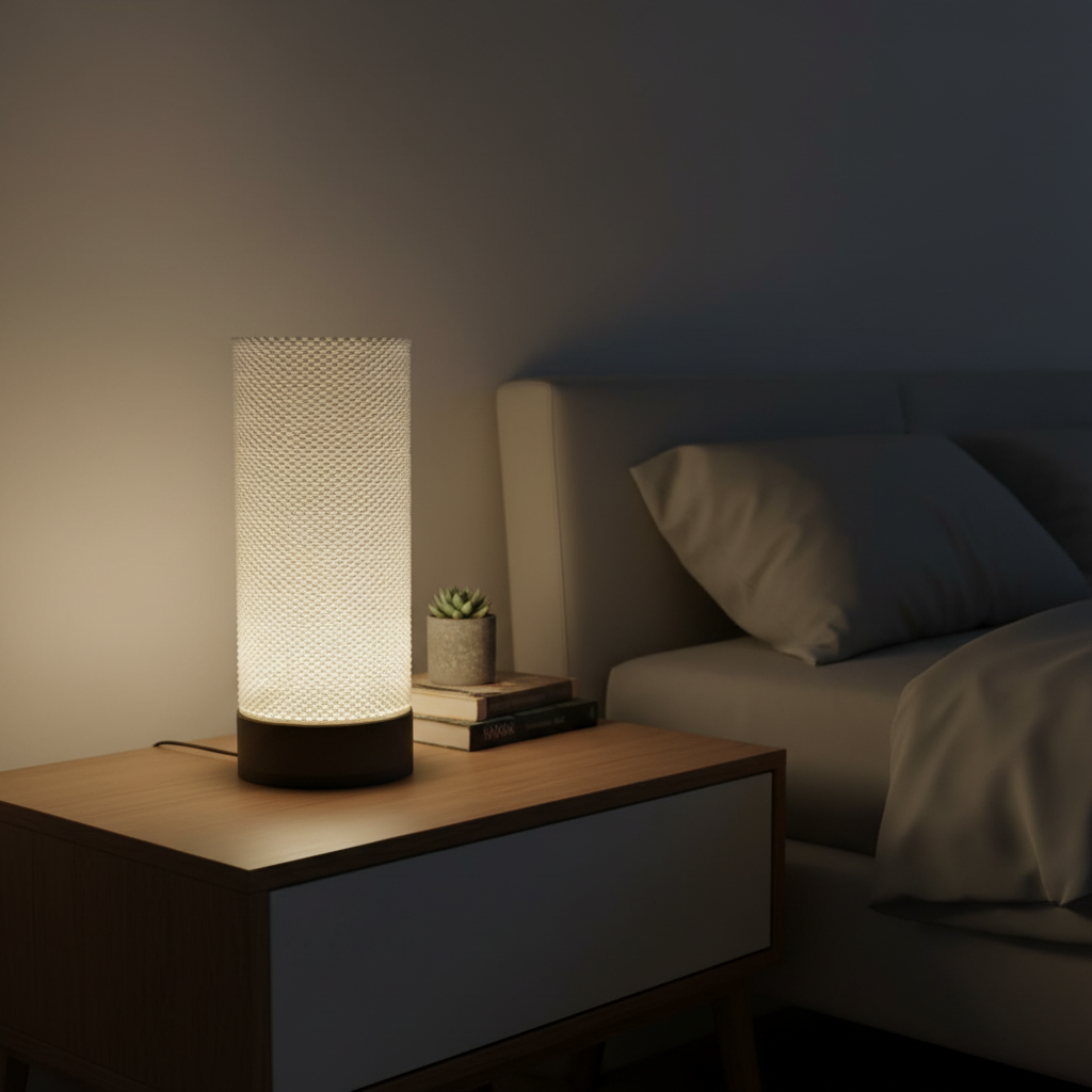 Lamp on a nightstand next to a bed in a dimly lit room