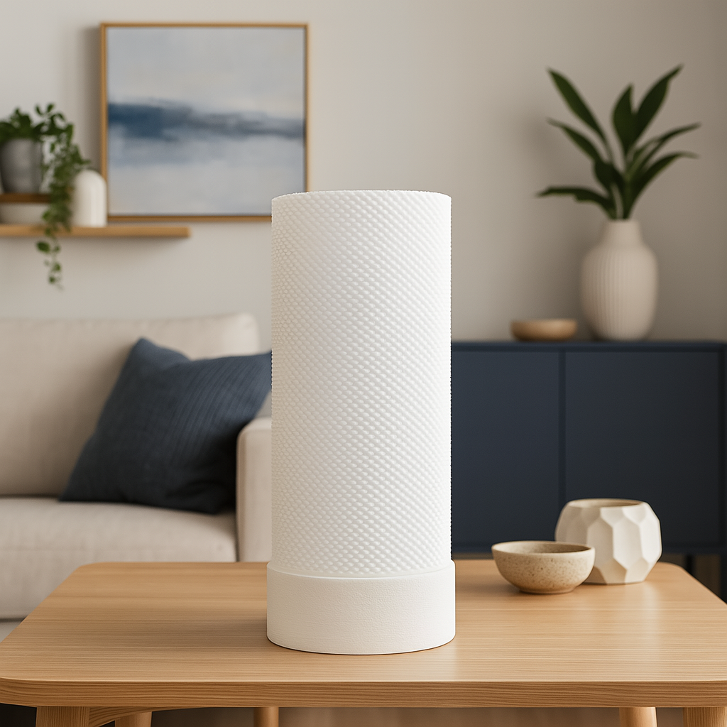 White textured cylindrical lamp on a wooden table with a living room background