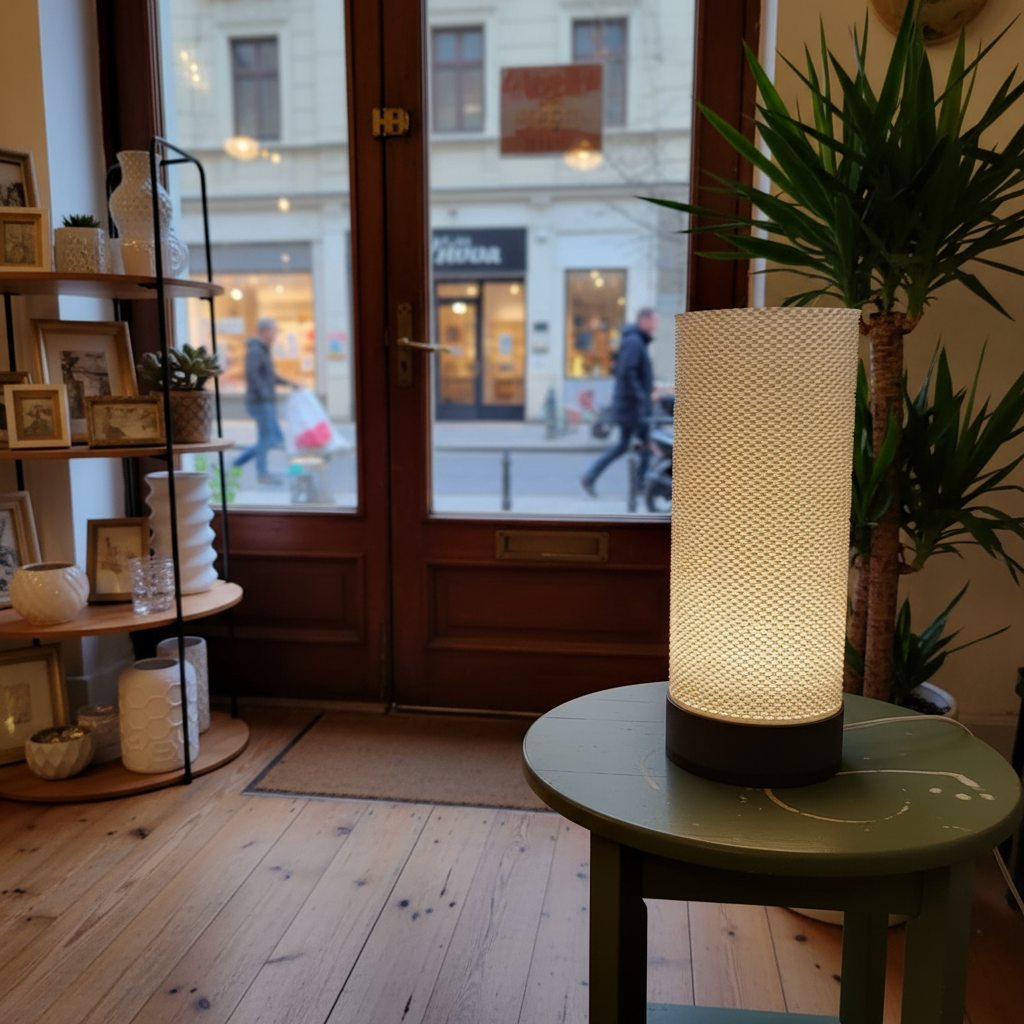 Lamp on a table in a store with a city street view outside