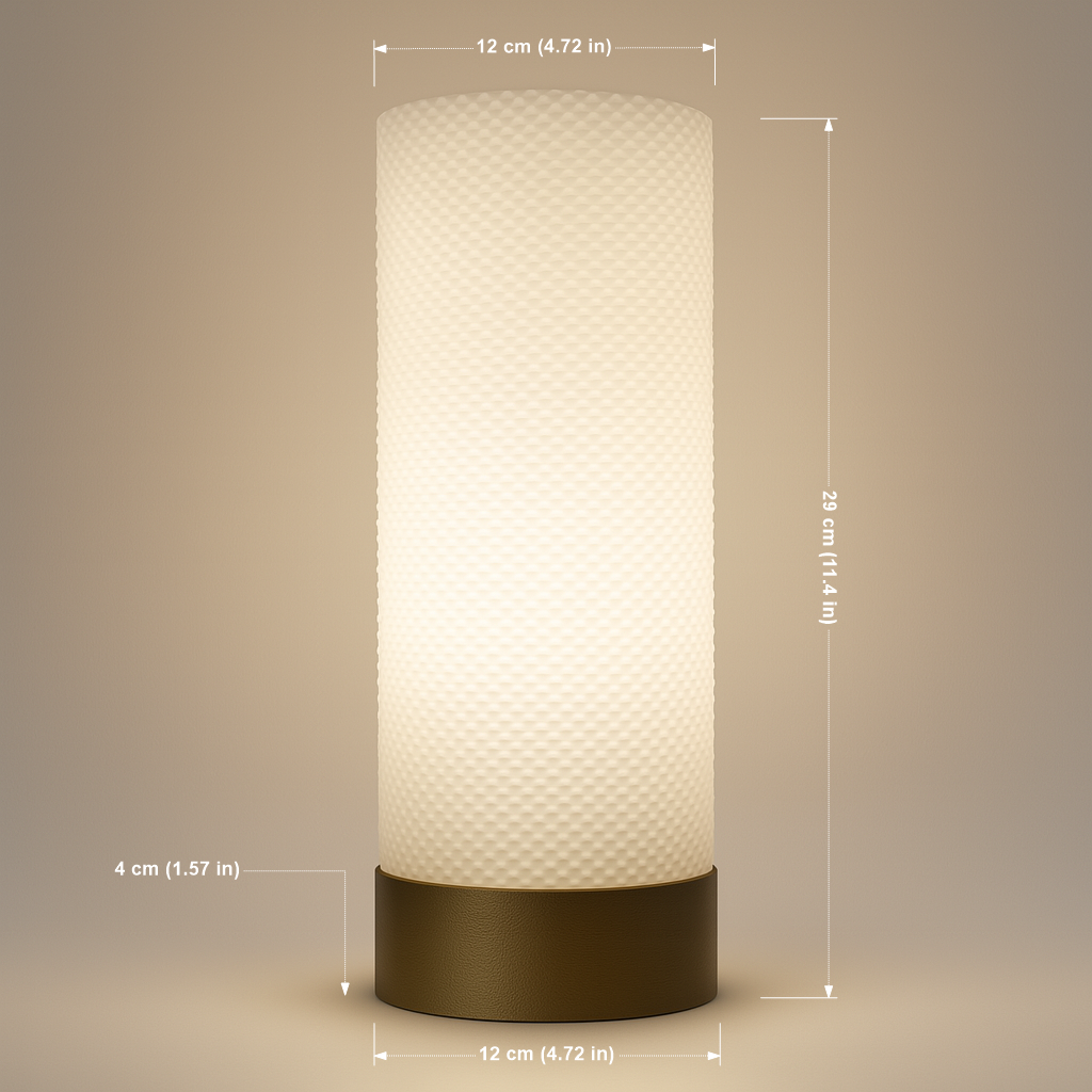 Table lamp with textured design and dimensions on a beige background