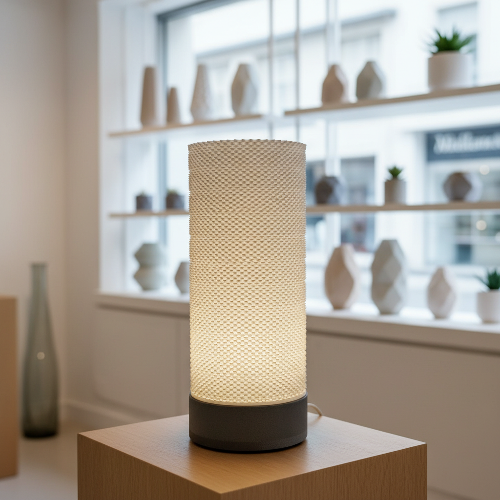 Table lamp with textured design on a wooden surface, blurred shelves in the background