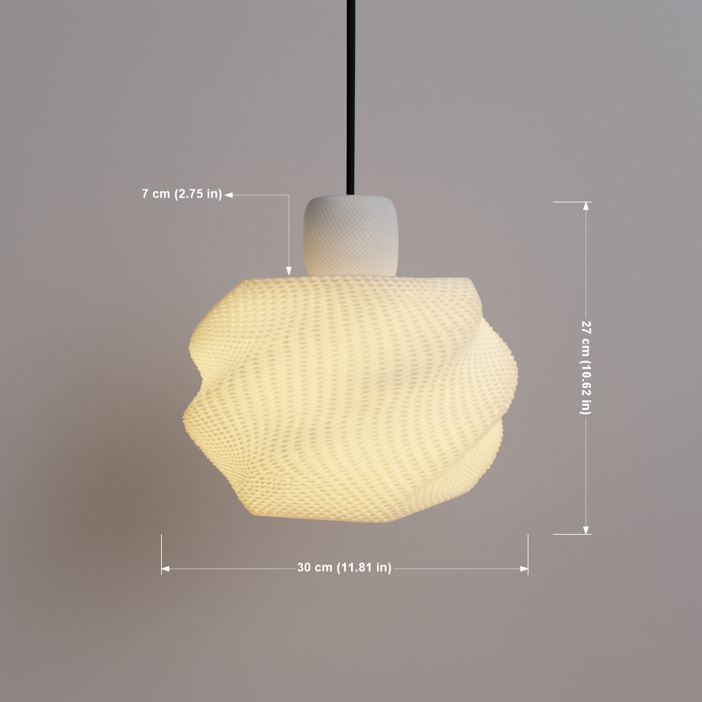 Pendant light with measurements on a gray background