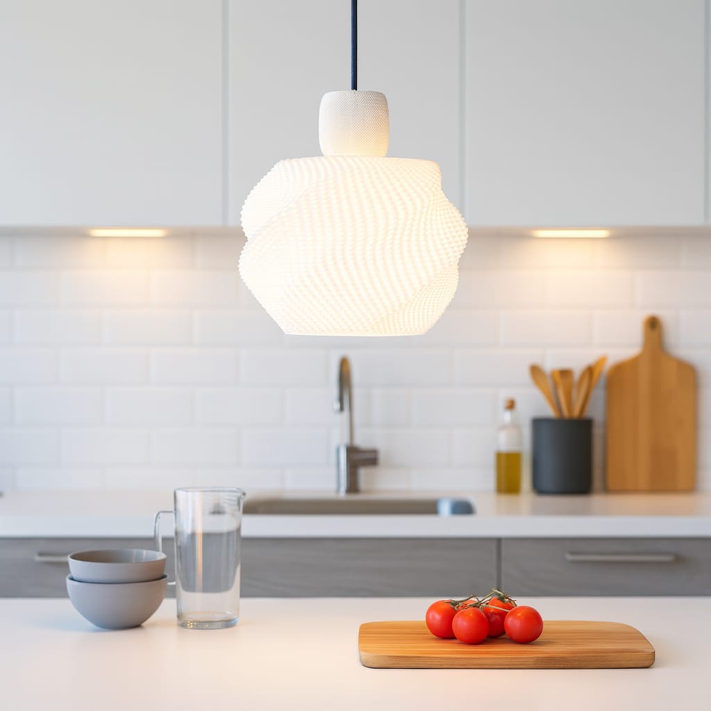 Modern kitchen with a pendant light, cutting board, and tomatoes on a counter.