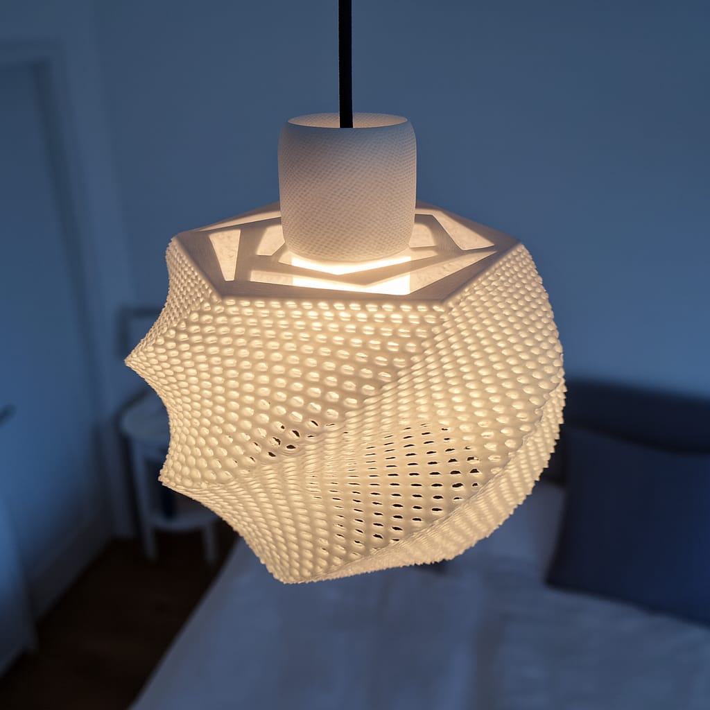 Decorative pendant light with textured design in a room setting
