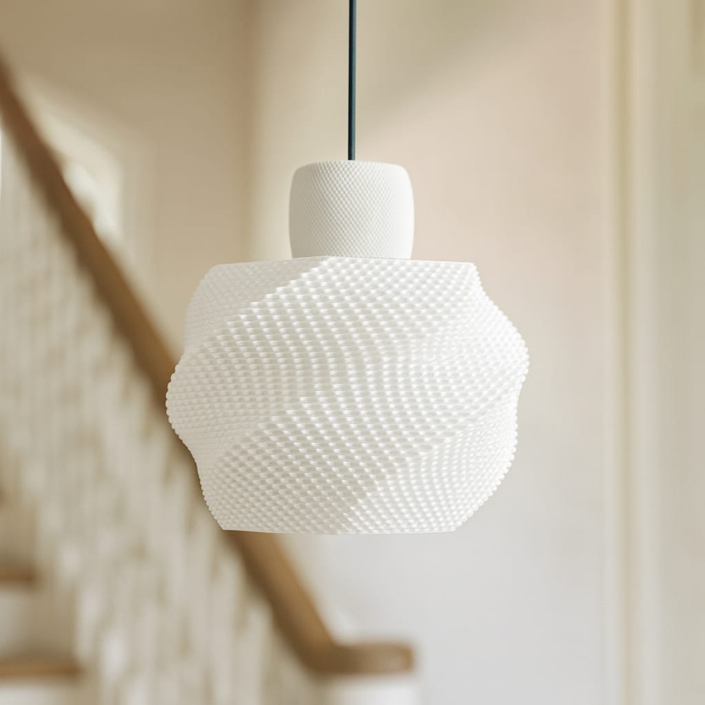 White textured pendant lamp hanging against a neutral background