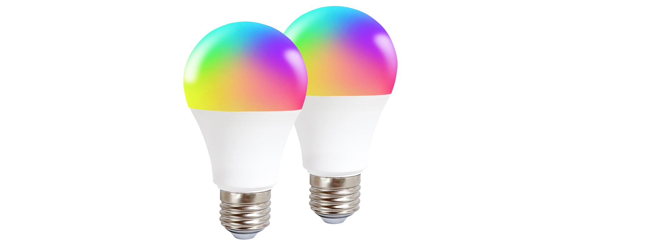 Two colorful LED light bulbs on a white background