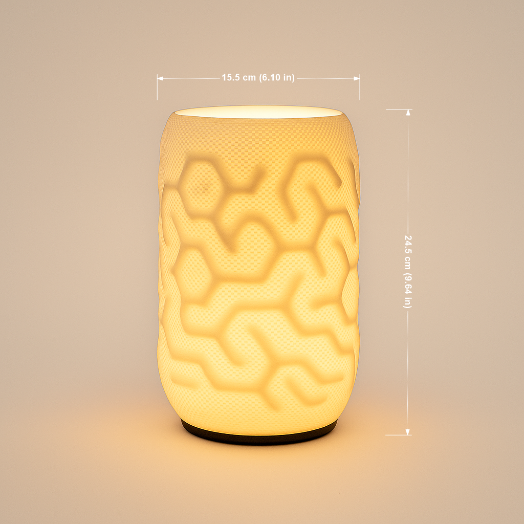 Decorative lamp with brain-like pattern and measurements on a beige background