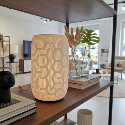 Decorative lamp on a wooden shelf in a modern living room