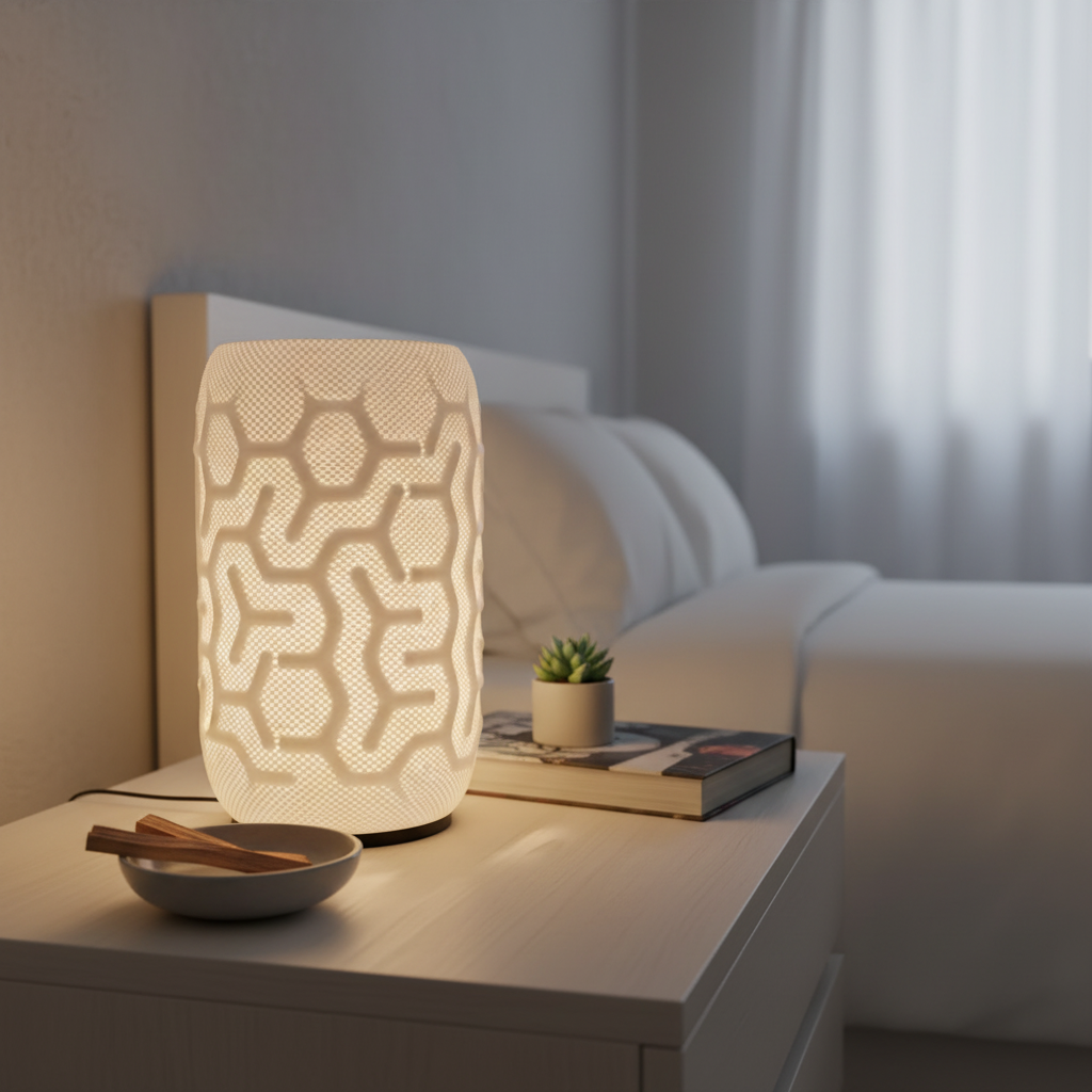 Decorative lamp on a nightstand with a book and small plant in a bedroom setting