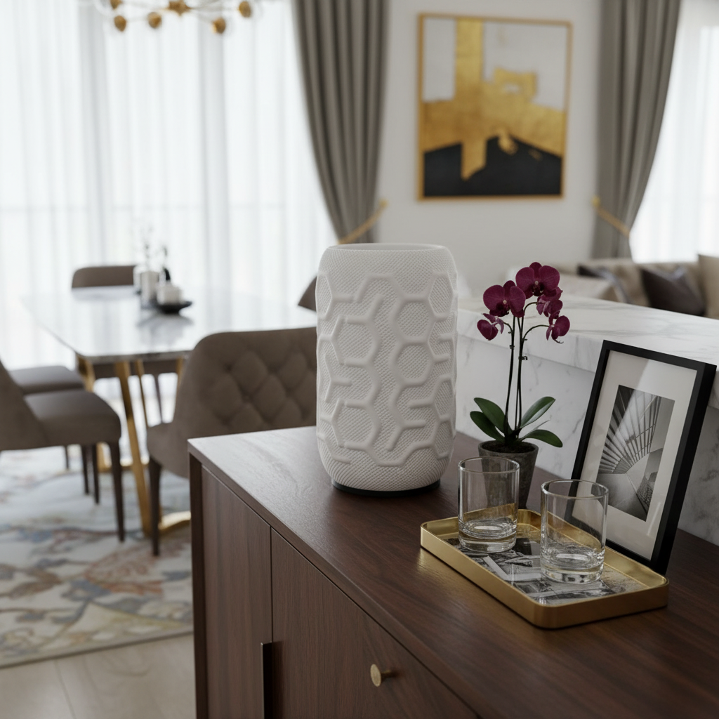 White textured vase on a wooden side table with a plant and glasses in a living room setting.