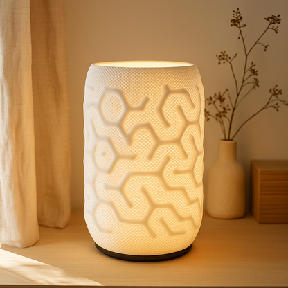 Decorative lamp with brain-like pattern on a wooden surface, soft lighting