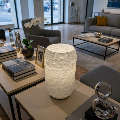 Decorative lamp on a table in a living room setting
