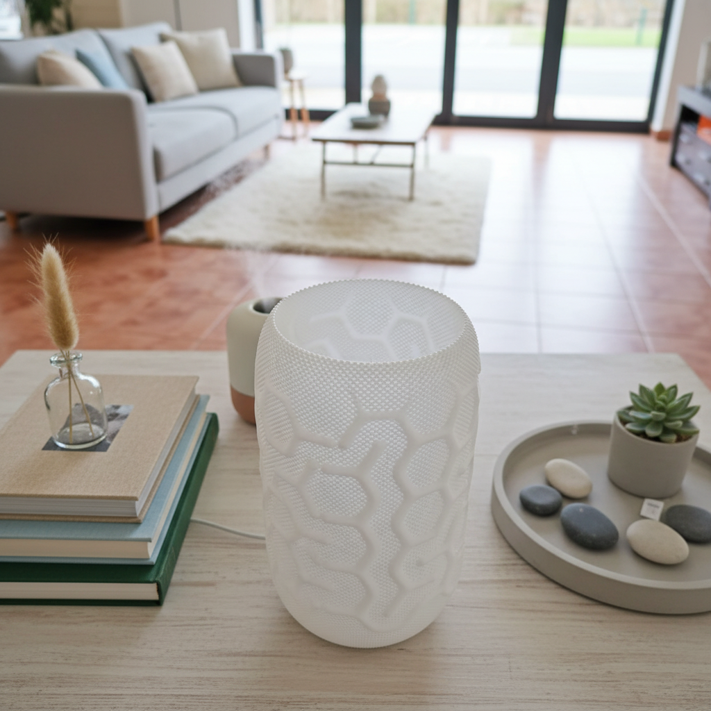 Decorative white lamp on a table with a living room in the background