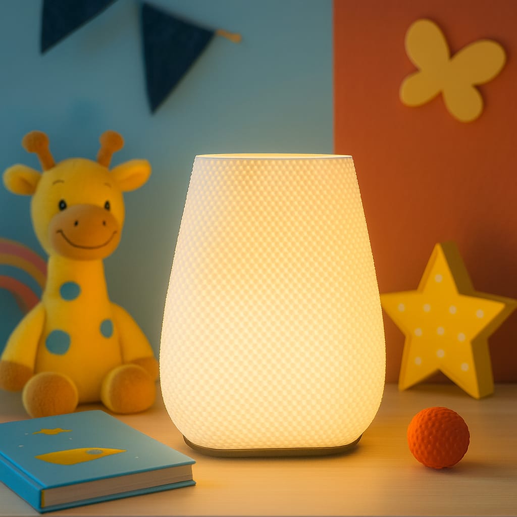 Nursery night light lamp with soft warm glow on kids’ bedside table, surrounded by toys and decor, perfect children’s room lighting.