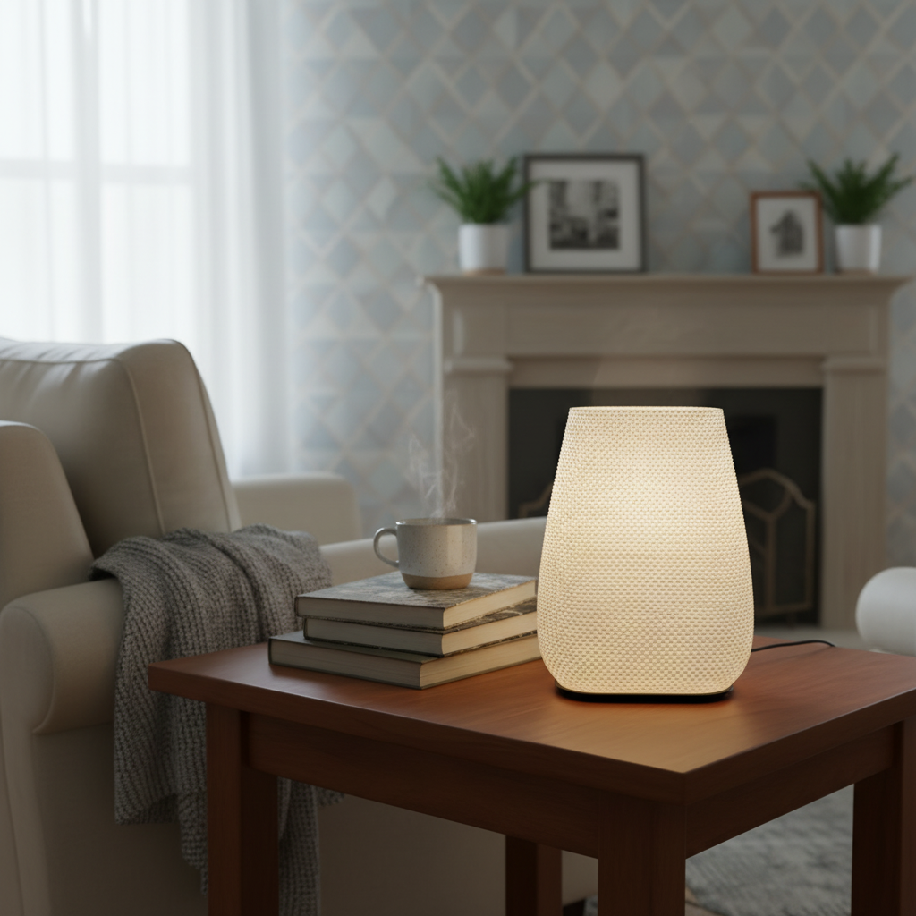 Table lamp on a wooden table in a cozy living room with a fireplace and decor.