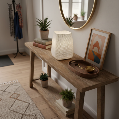 Wooden console table with decorative table lamp in a home setting