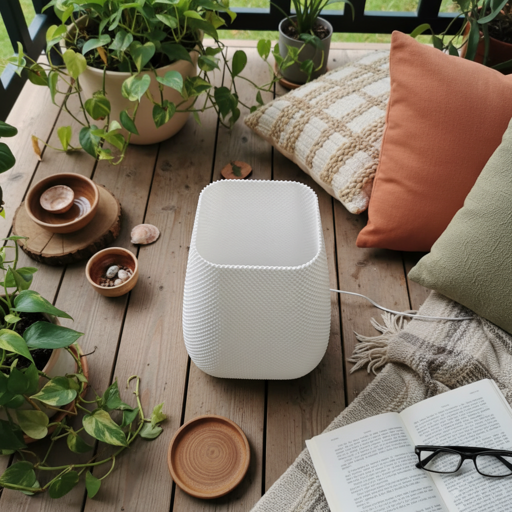White table lamp on a wooden deck with plants, pillows, and an open book.