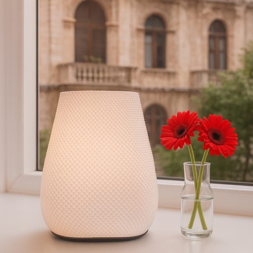 Modern textured bedside lamp with soft warm light on window sill beside red flowers in glass vase — elegant home decor lighting.