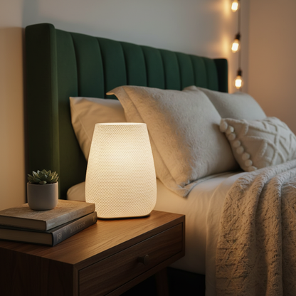 Lamp on a nightstand next to a bed with green headboard and decorative pillows.