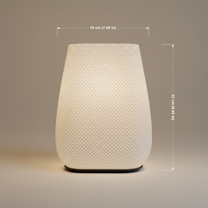 White textured table lamp with dimensions on a beige background