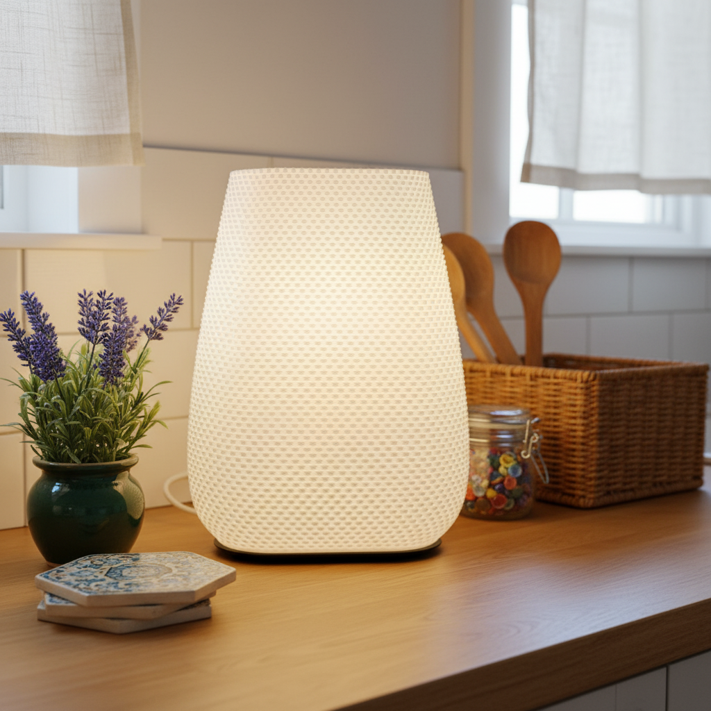 Textured table lamp on a wooden surface with decorative items in the background