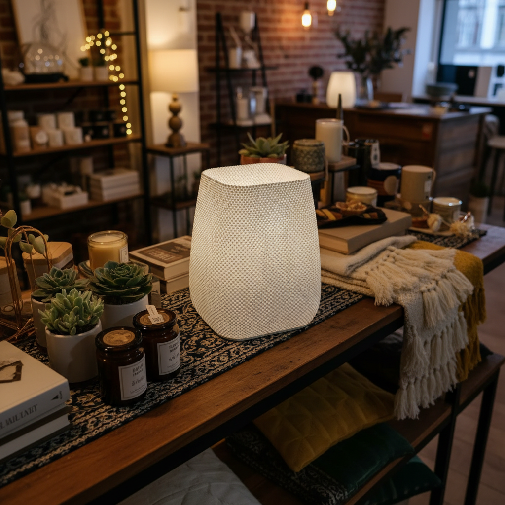 Decorative lamp on a table with candles, plants, and books in a cozy room setting.