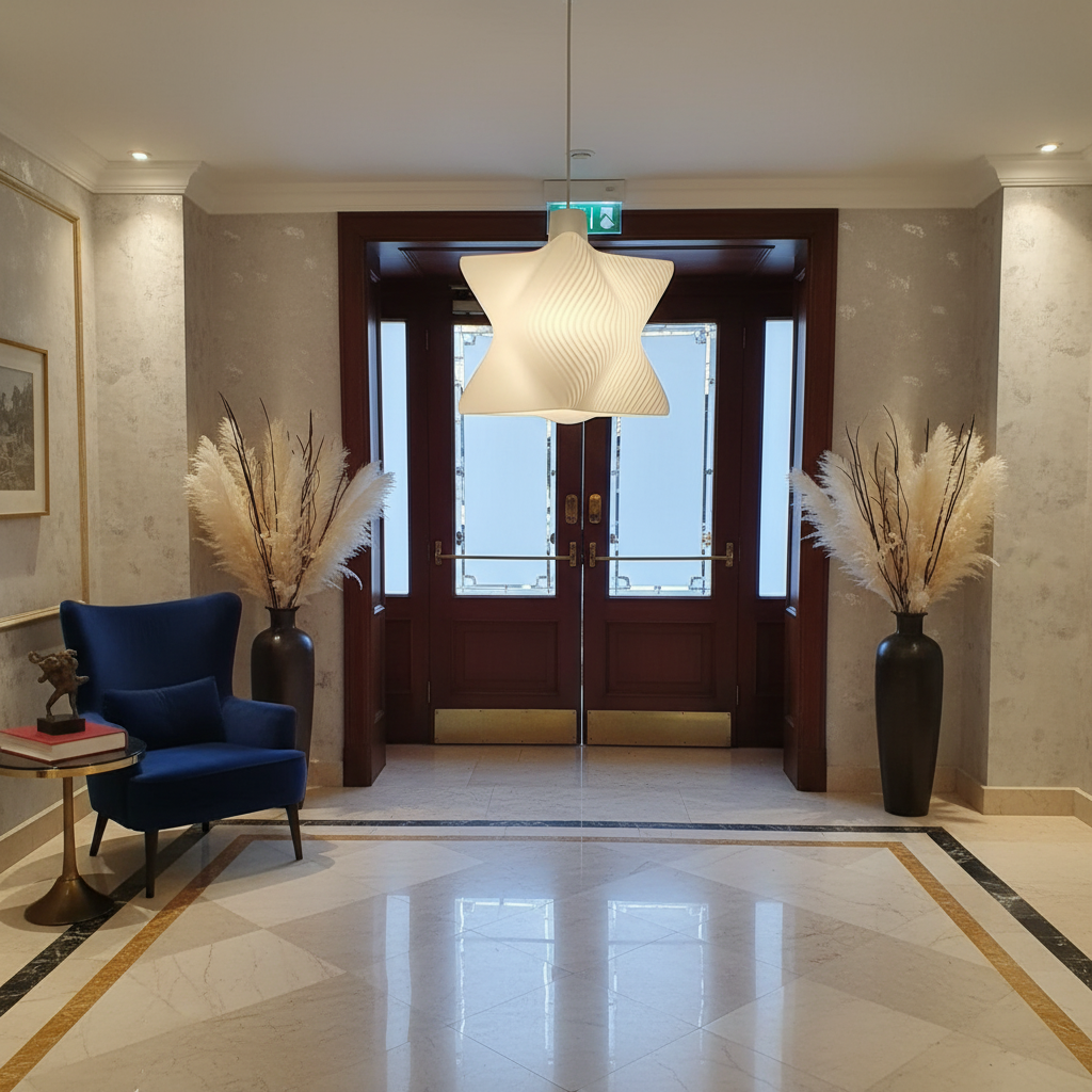 Sculptural white pendant lamp with flowing ribbed design hanging in an elegant hotel-style entrance hall.