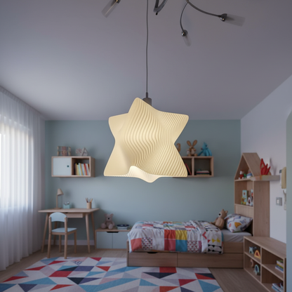 White sculptural pendant lamp hanging in a children’s bedroom with pastel walls, wooden furniture, and colorful rug.