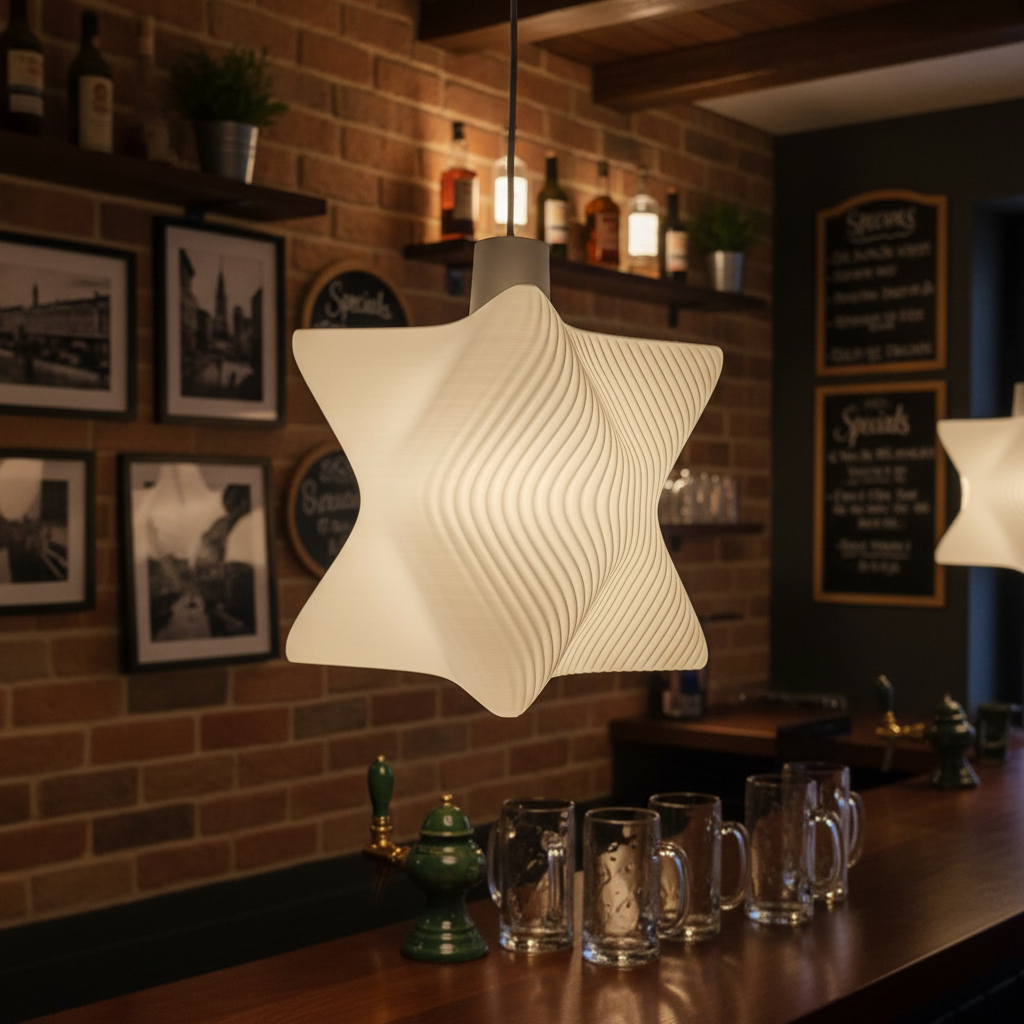 White designer pendant lamp displayed above a bar counter with brick wall and glassware in a café setting.