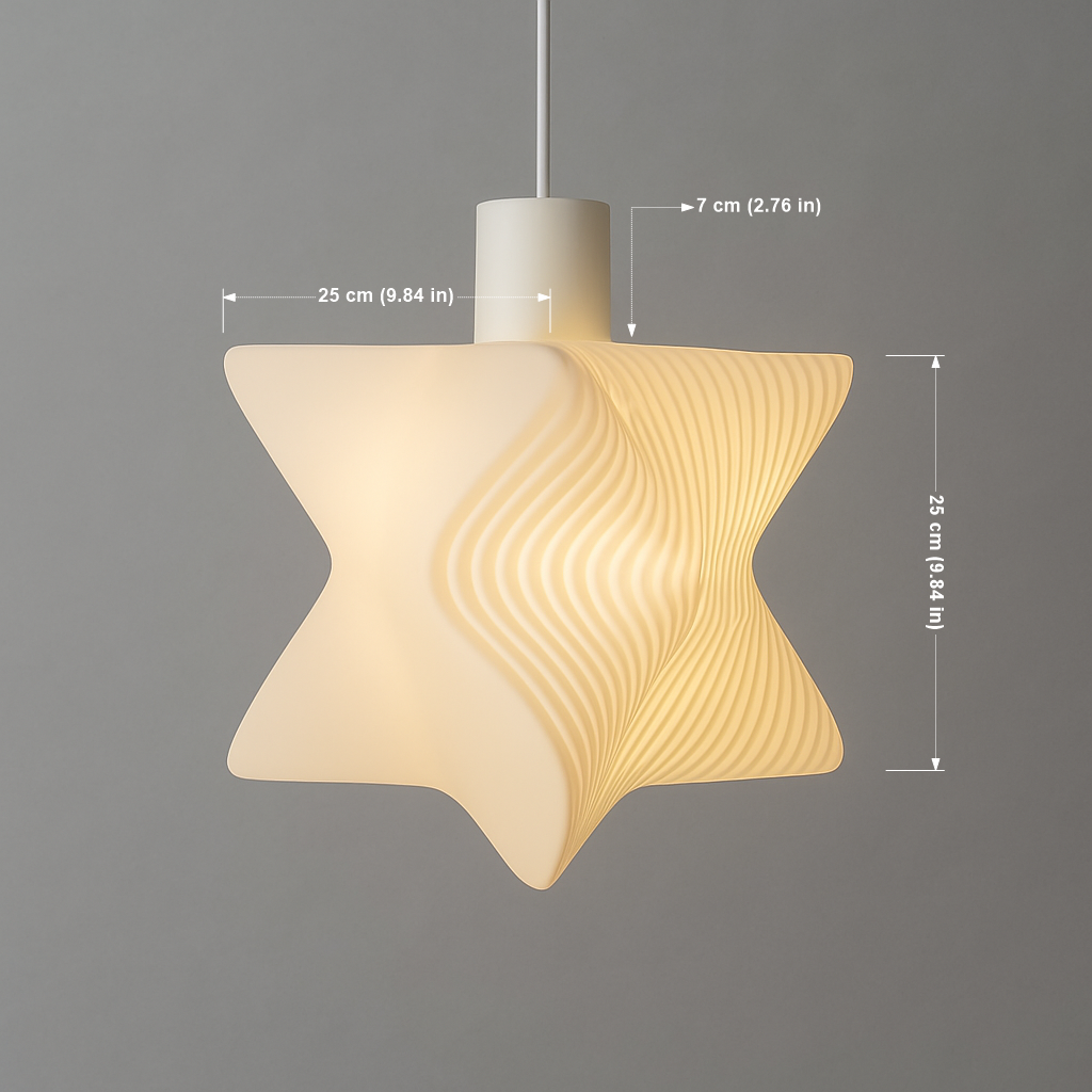 Star-shaped pendant light with measurements on a gray background