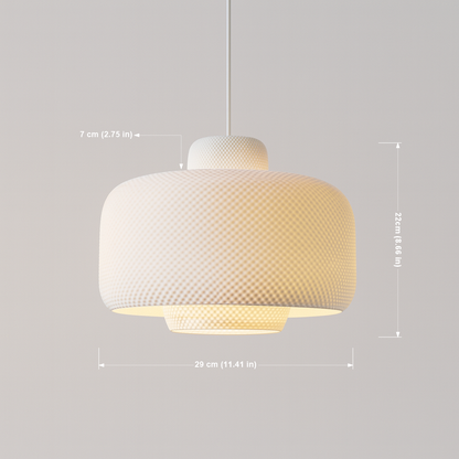 White textured pendant light with dimensions on a gray background