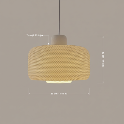 Dimensions of a beige designer pendant lamp shown against a clean light brown–gray background.