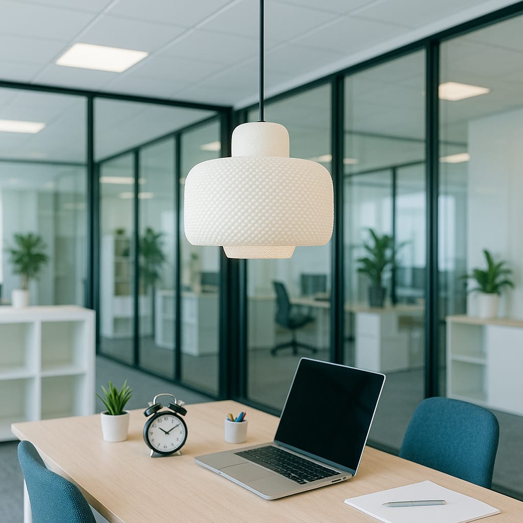 Modern office space with a desk, laptop, clock, and pen holder.