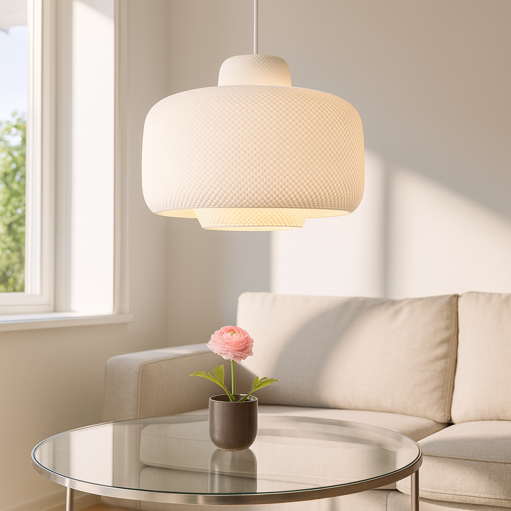 Modern living room with a beige pendant light, glass coffee table, and pink flower.