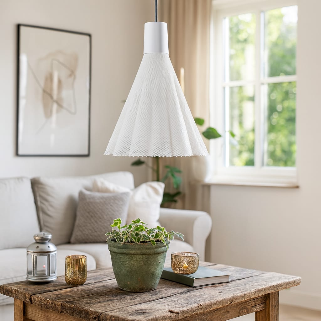 Living room with a wooden coffee table, potted plant, and white pendant light.