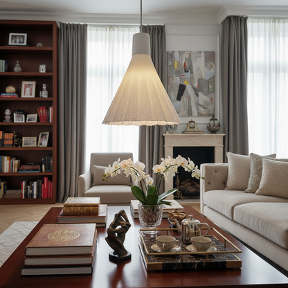 White woven pendant light centered above a coffee table in a modern living room with neutral sofas, books, and soft natural light.