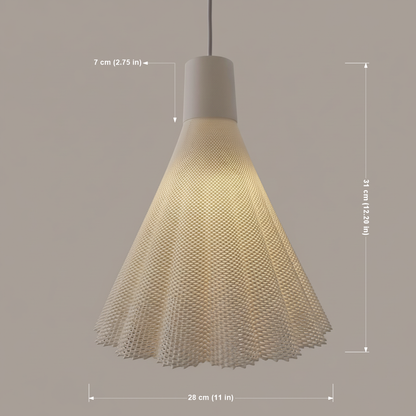 Close-up of a white woven pendant lamp with visible dimensions, showing a flared shade shape and textured mesh design.