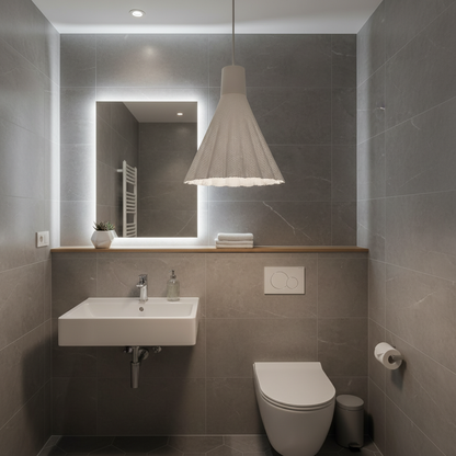 White woven pendant lamp hanging above a modern bathroom vanity with gray tiles, mirror lighting, and a wall-mounted sink.