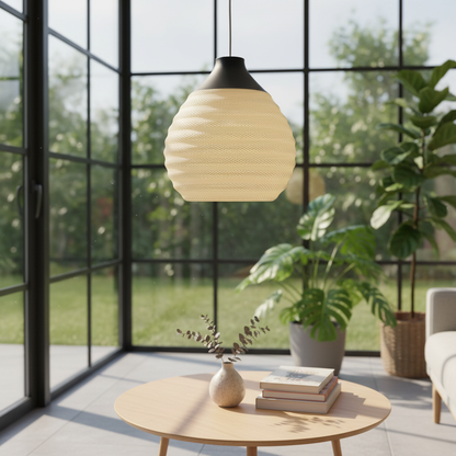 Modern designer pendant lamp with a woven beige shade, hanging in a bright living room.