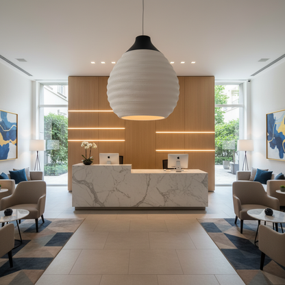 Minimalist pendant lamp with a textile-like shade and black fixture in a luxury lobby.