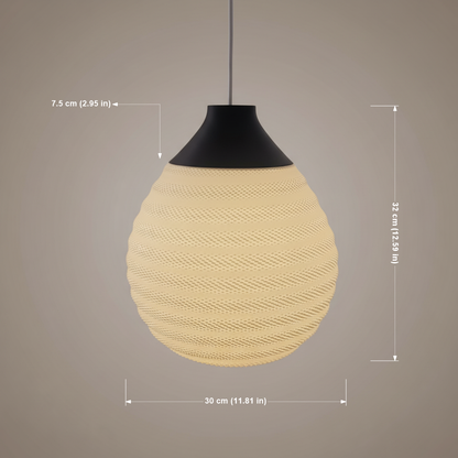 Close-up of a modern pendant lamp with a beige ribbed oval shade and black top, showing dimensions of 32 cm height, 30 cm diameter, and a 7.5 cm canopy.