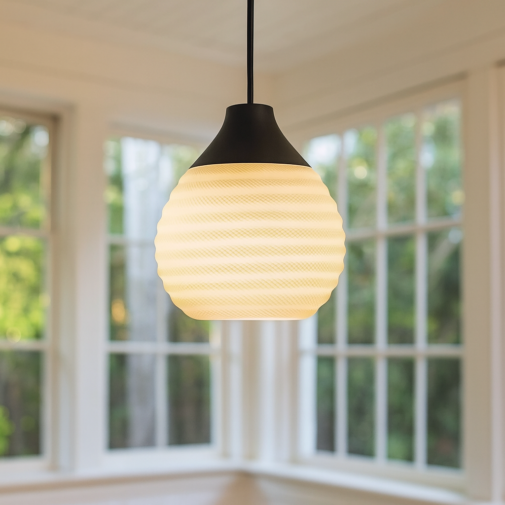 Pendant light with ribbed design hanging in a room with large windows.