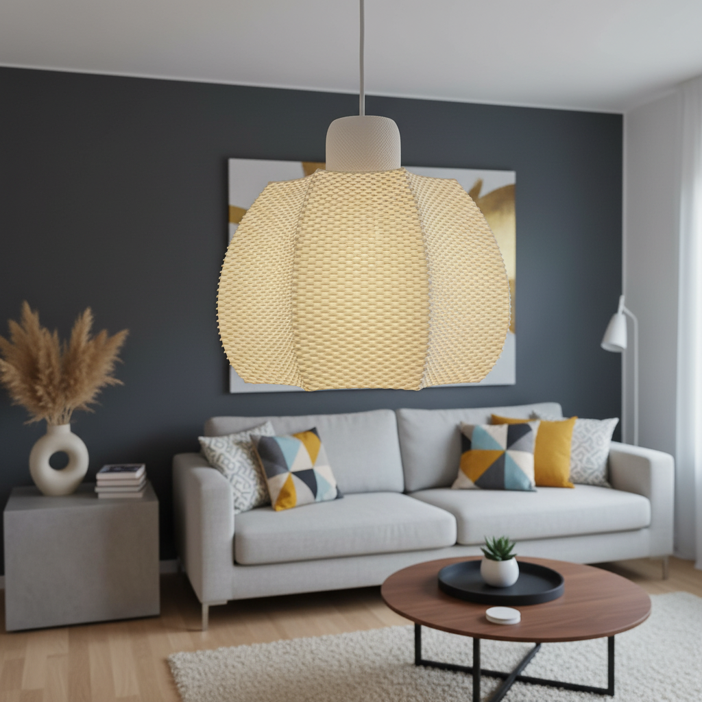 Textured woven pendant lamp hanging above a modern sofa in a living room with dark walls and neutral décor.