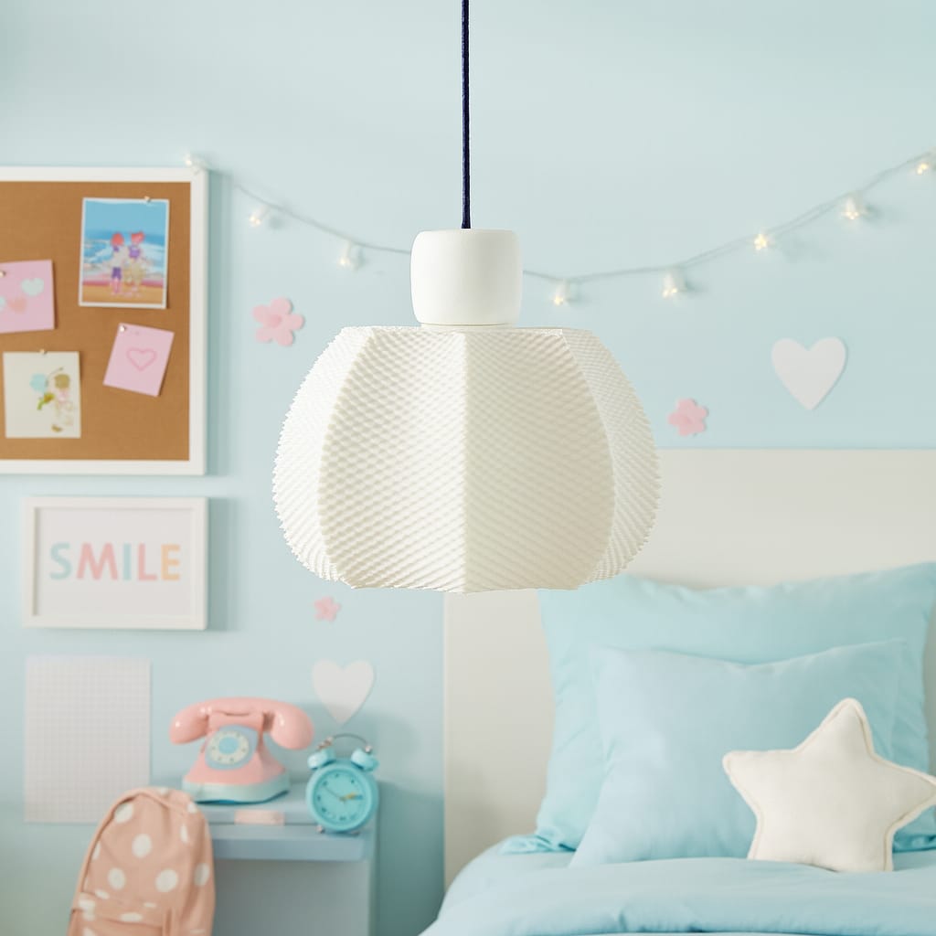 Children's bedroom with a white pendant lamp, light blue walls, and decorative items.