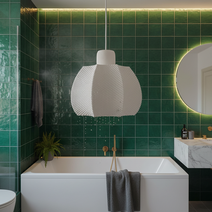 Warm glowing pendant lamp hanging above a freestanding clawfoot bathtub in a classic bathroom with green walls and marble details.