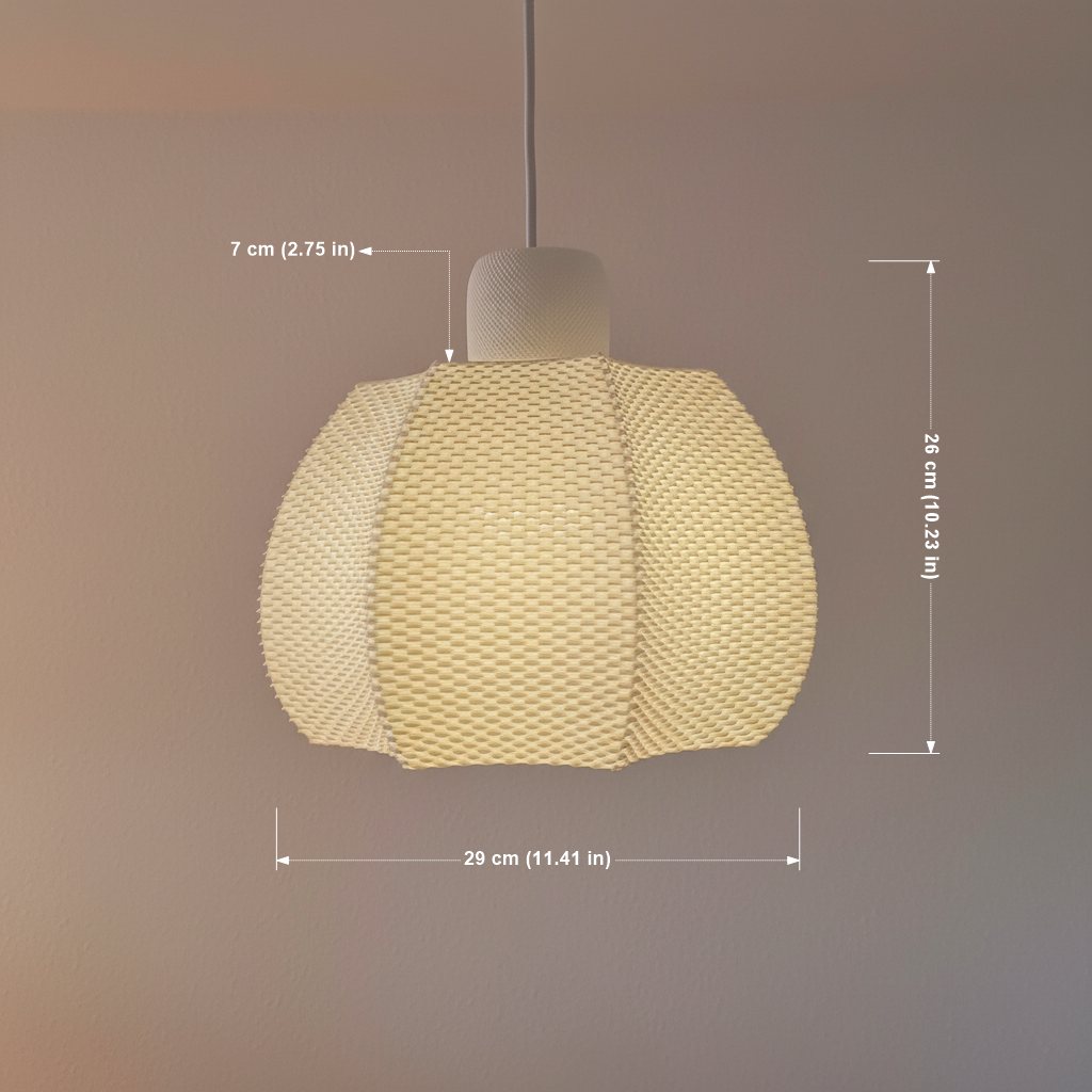 Close-up of woven pendant lamp with dimensions shown, measuring 29 cm wide and 26 cm high, suspended from a white cord.