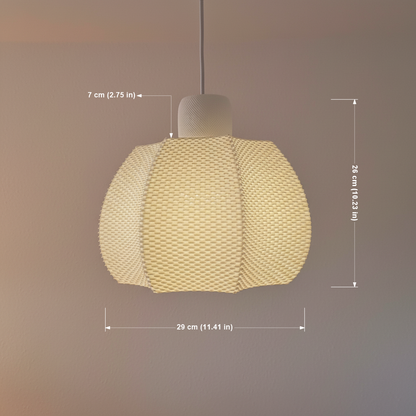 Close-up of woven pendant lamp with dimensions shown, measuring 29 cm wide and 26 cm high, suspended from a white cord.