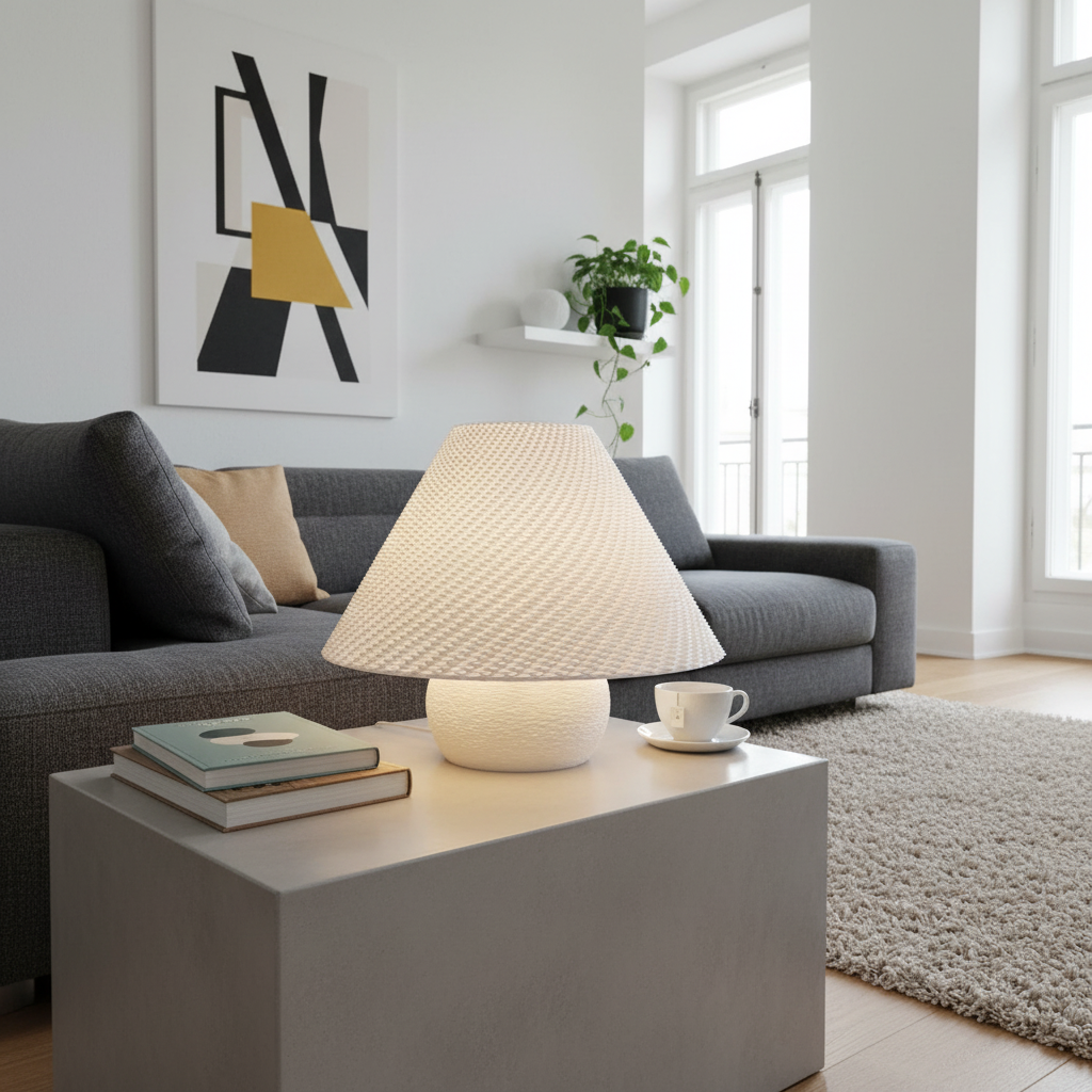 Modern living room with a gray sofa, white coffee table, and decorative lamp.