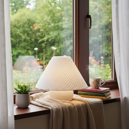 Lamp on a windowsill with a view of greenery, books, and a mug.